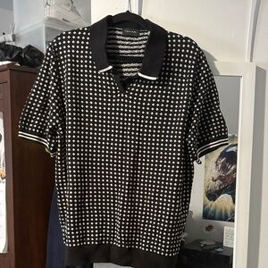 Tahari ASL Black and White Patterned Polo Shirt